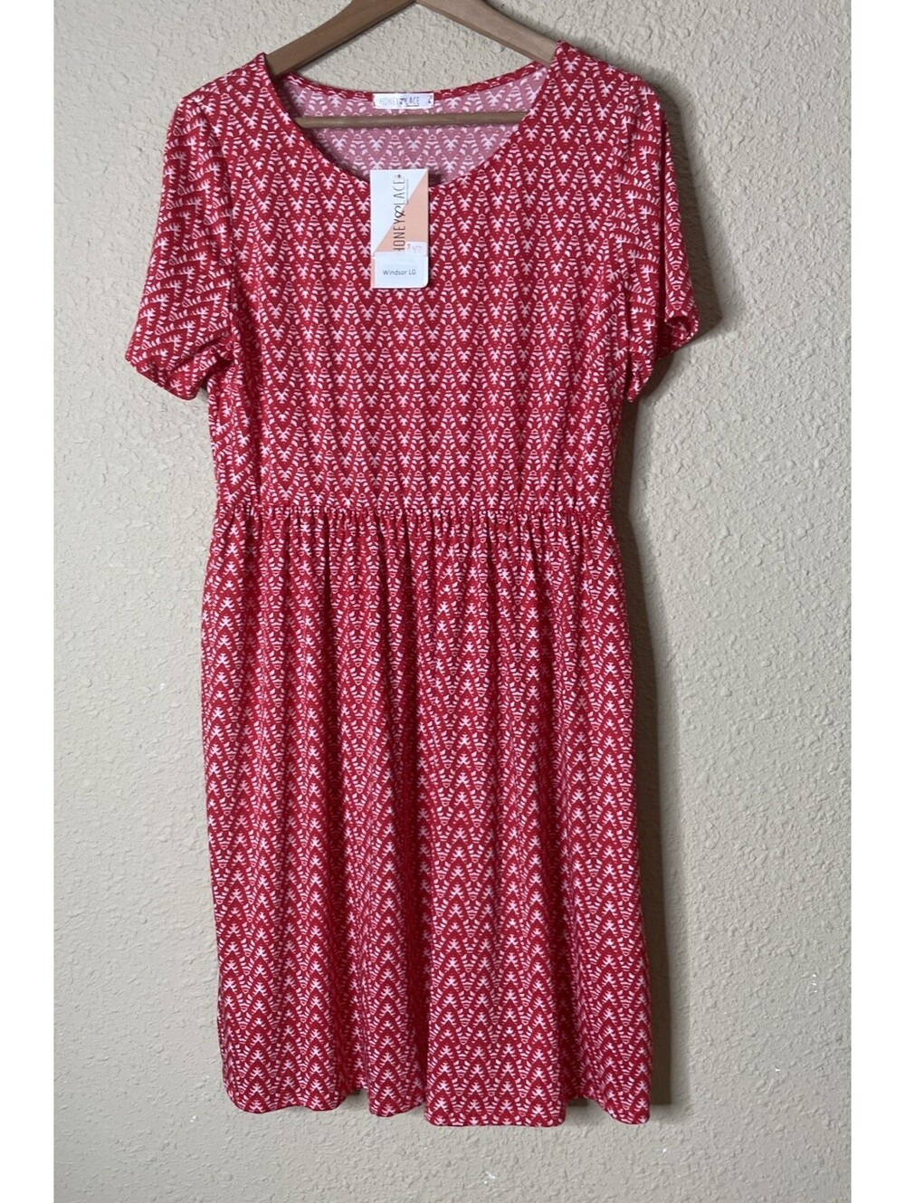 Honey & Lace Windsor Dress Short Sleeve Size L Elastic Waist Pockets Red & White